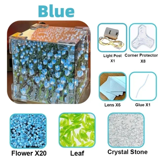 Lampada cubo con specchio a forma di tulipano fai da te, simulazione di fiori, lampada da tavolo per camera da letto, specchio con tulipani fatto a mano, luce notturna, regalo di compleanno