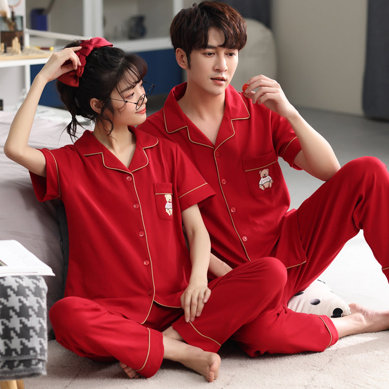 Couple Pajamas Men's Cotton Red Animal Year Trousers Short Sleeve Home Clothes Set