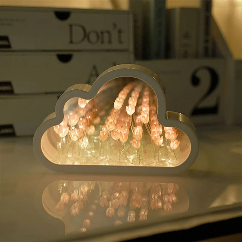 DIY Tulip Lamp Tulips Mirror Lamp Cloud Tulip Night Light Birthday Gift LED Flower Lamp Bedroom Decor