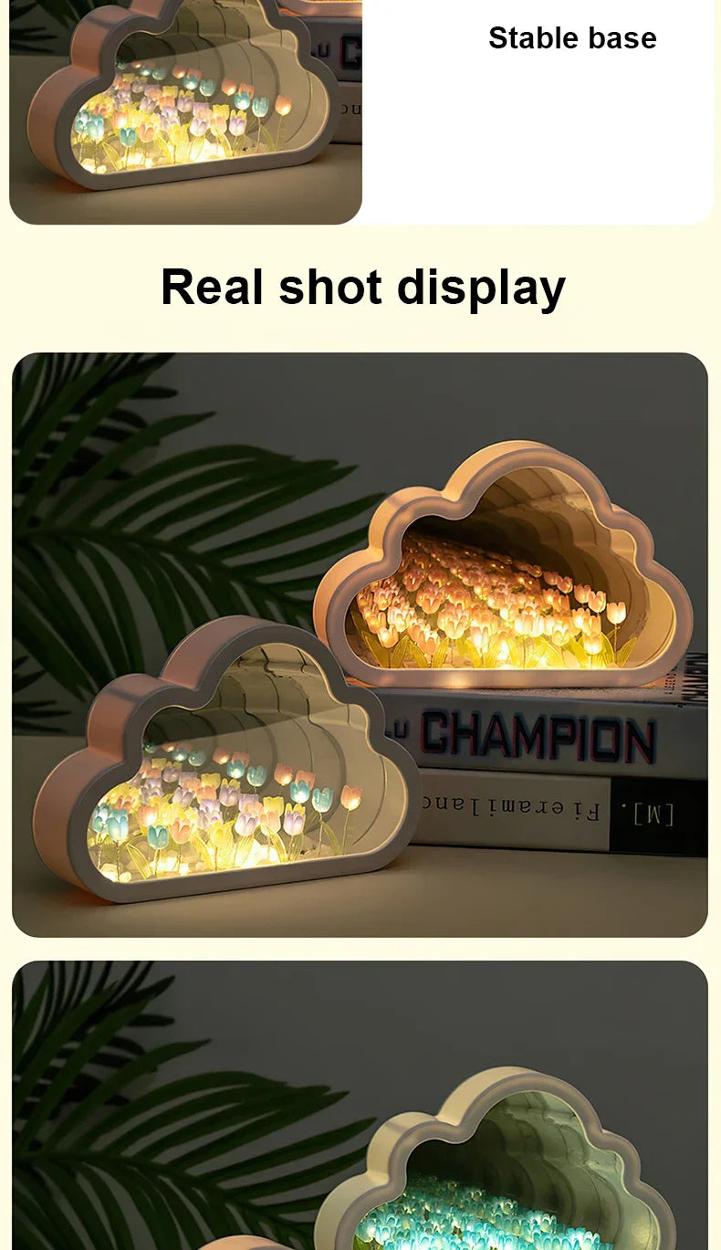 DIY Tulip Lamp Tulips Mirror Lamp Cloud Tulip Night Light Birthday Gift LED Flower Lamp Bedroom Decor