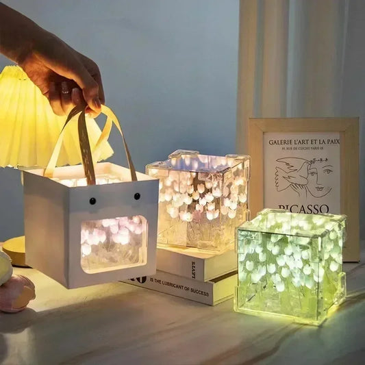 DIY Tulip Mirror Cube Lamp Simulation Flower Bedroom Sleeping Table Lamp Handmade Craft Tulips Mirror Night Light Birthday Gift