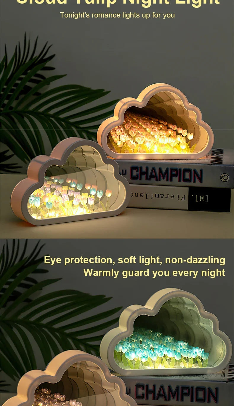 Lampada a tulipano fai da te, lampada a specchio con tulipani, luce notturna a forma di nuvola, regalo di compleanno, lampada a LED con fiori, decorazione per camera da letto