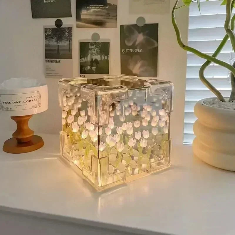 Lampada cubo con specchio a forma di tulipano fai da te, simulazione di fiori, lampada da tavolo per camera da letto, specchio con tulipani fatto a mano, luce notturna, regalo di compleanno