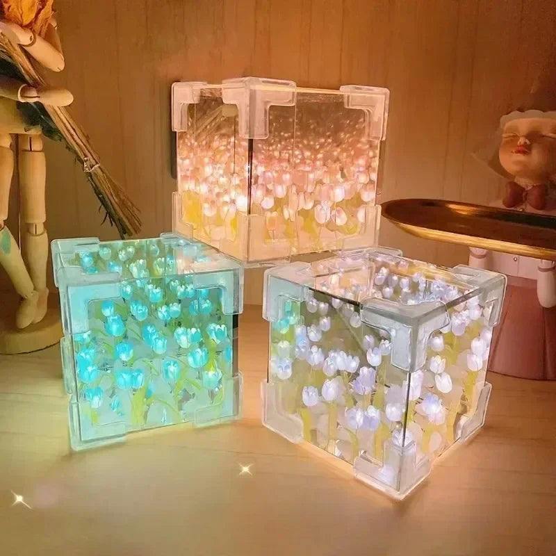 Lampada cubo con specchio a forma di tulipano fai da te, simulazione di fiori, lampada da tavolo per camera da letto, specchio con tulipani fatto a mano, luce notturna, regalo di compleanno