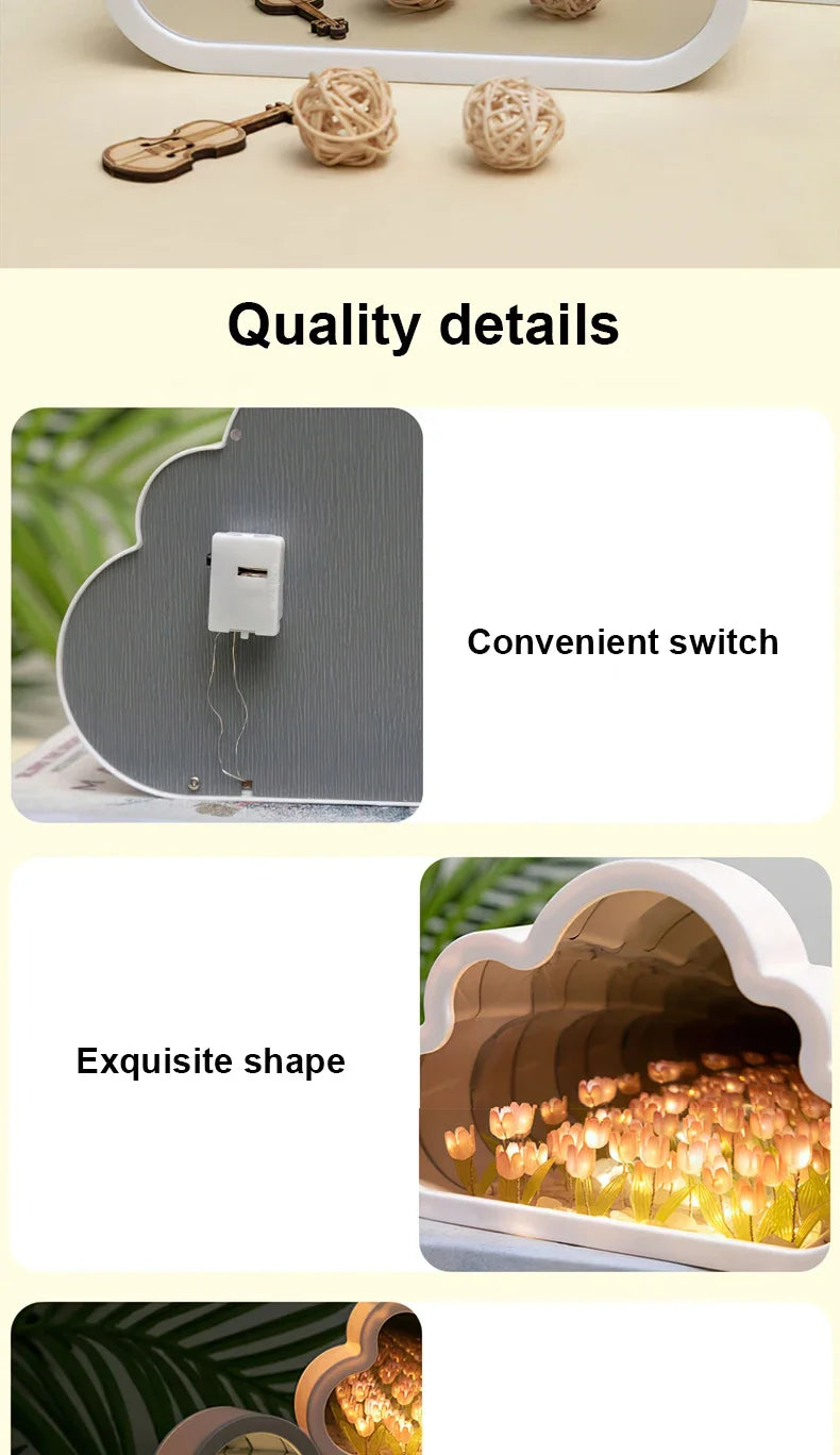 DIY Tulip Lamp Tulips Mirror Lamp Cloud Tulip Night Light Birthday Gift LED Flower Lamp Bedroom Decor