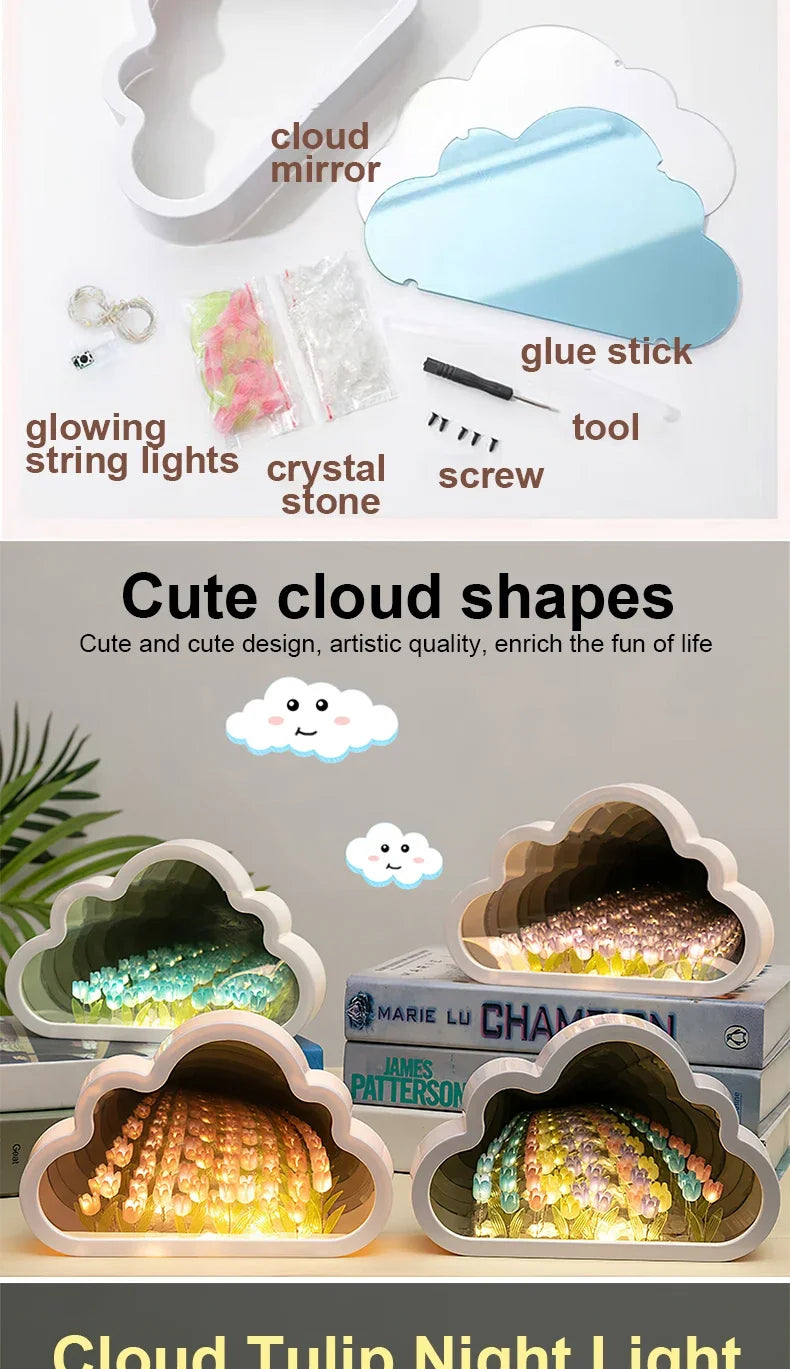 Lampada a tulipano fai da te, lampada a specchio con tulipani, luce notturna a forma di nuvola, regalo di compleanno, lampada a LED con fiori, decorazione per camera da letto