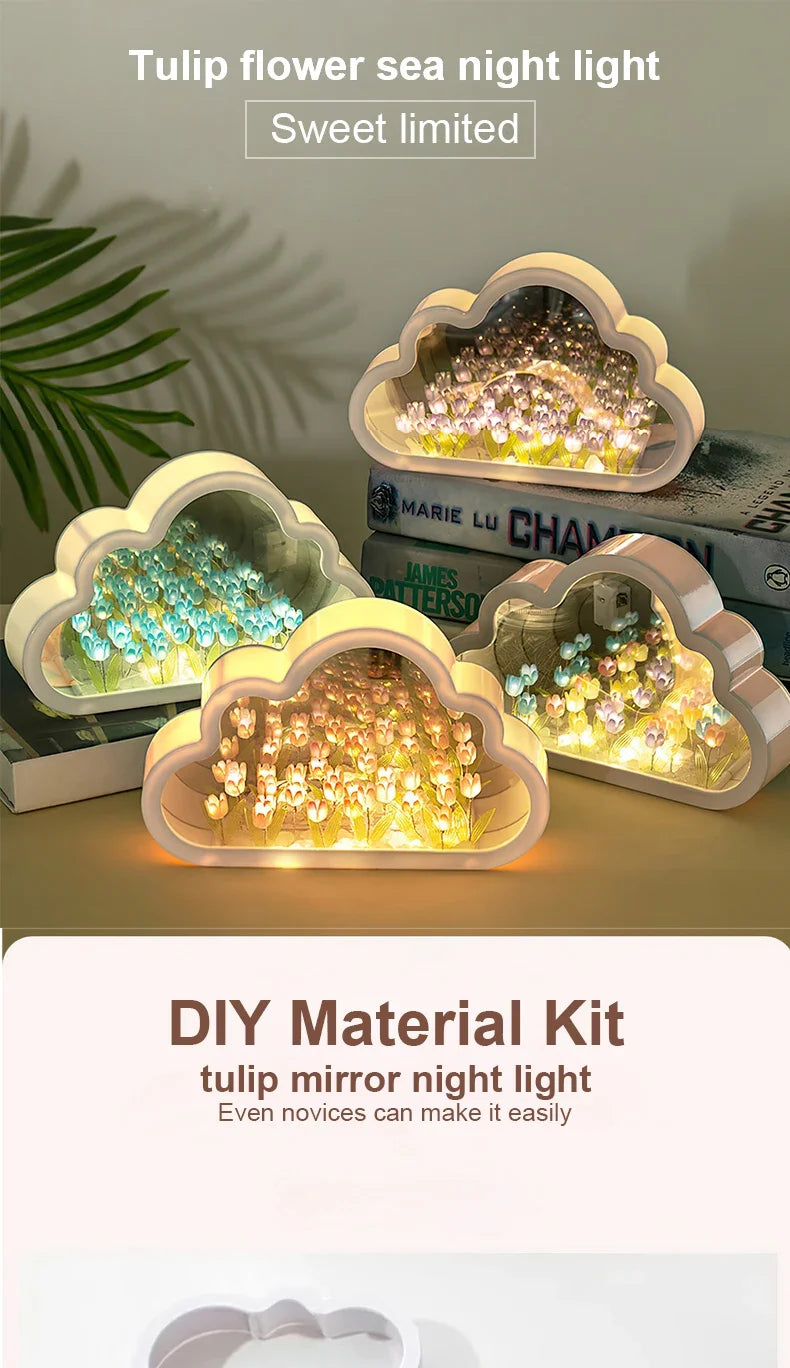 Lampada a tulipano fai da te, lampada a specchio con tulipani, luce notturna a forma di nuvola, regalo di compleanno, lampada a LED con fiori, decorazione per camera da letto