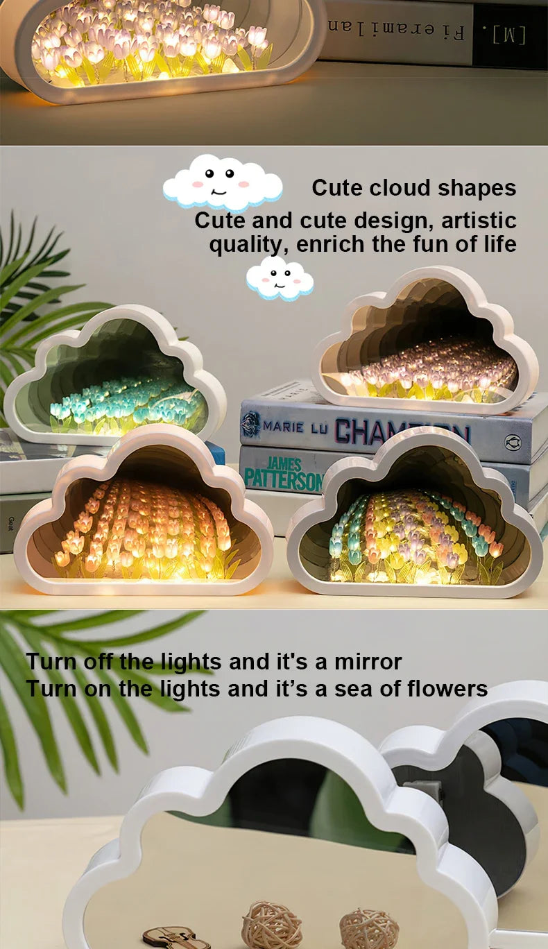 DIY Tulip Lamp Tulips Mirror Lamp Cloud Tulip Night Light Birthday Gift LED Flower Lamp Bedroom Decor